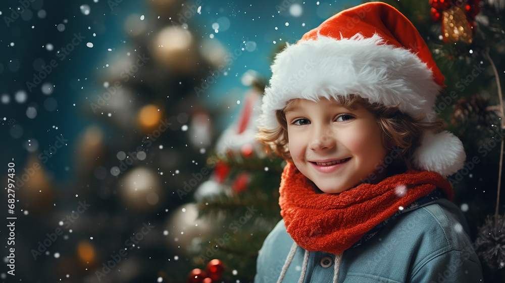 menino com boné de Natal, decorações de Natal em um fundo com neve e árvore de Natal menino com boné de Natal, decorações de Natal em um fundo com neve e árvore de Natal