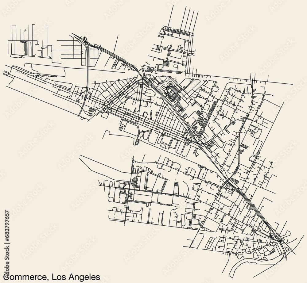 Detailed hand-drawn navigational urban street roads map of the CITY OF COMMERCE of the American LOS ANGELES CITY COUNCIL, UNITED STATES with vivid road lines and name tag on solid background