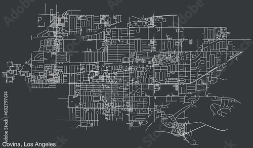 Detailed hand-drawn navigational urban street roads map of the CITY OF COVINA of the American LOS ANGELES CITY COUNCIL, UNITED STATES with vivid road lines and name tag on solid background