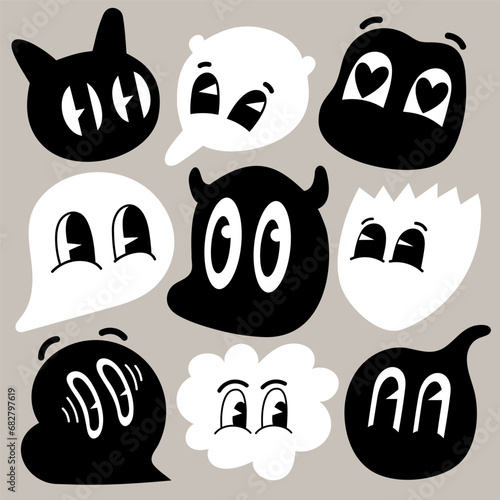 Retro cartoon simple shape funny faces. Groovy vintage 30s 60s 70s minimalist...