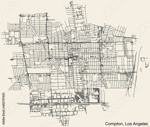 Detailed hand-drawn navigational urban street roads map of the CITY OF COMPTON of the American LOS ANGELES CITY COUNCIL, UNITED STATES with vivid road lines and name tag on solid background