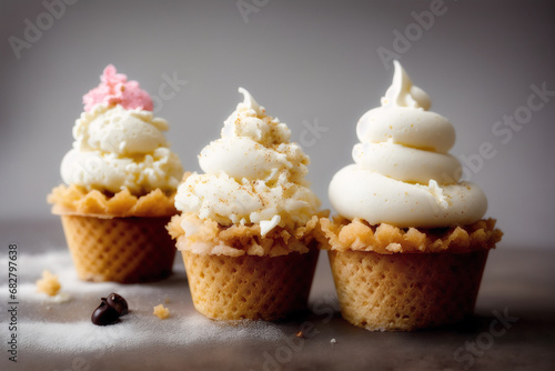 delicious ice cream in a cup, close-up, on the table. sweet food.  Generative AI © Pavlo