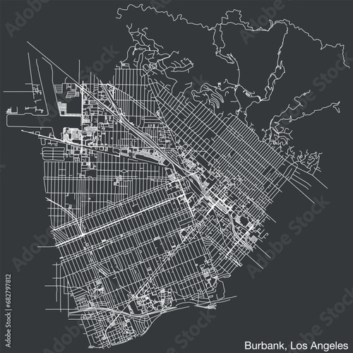 Detailed hand-drawn navigational urban street roads map of the CITY OF BURBANK of the American LOS ANGELES CITY COUNCIL, UNITED STATES with vivid road lines and name tag on solid background