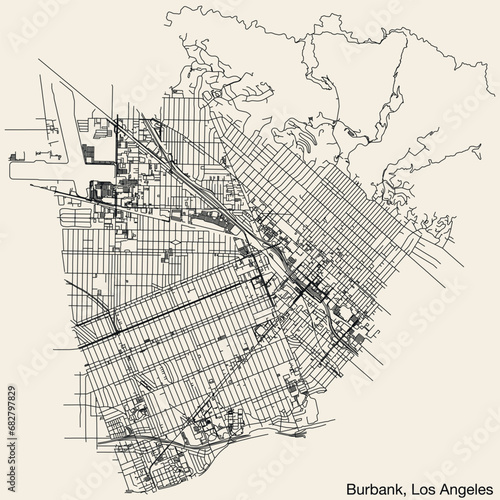 Detailed hand-drawn navigational urban street roads map of the CITY OF BURBANK of the American LOS ANGELES CITY COUNCIL, UNITED STATES with vivid road lines and name tag on solid background