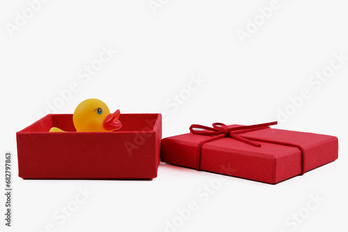 A duck toy in the present box. Isolated with white background.