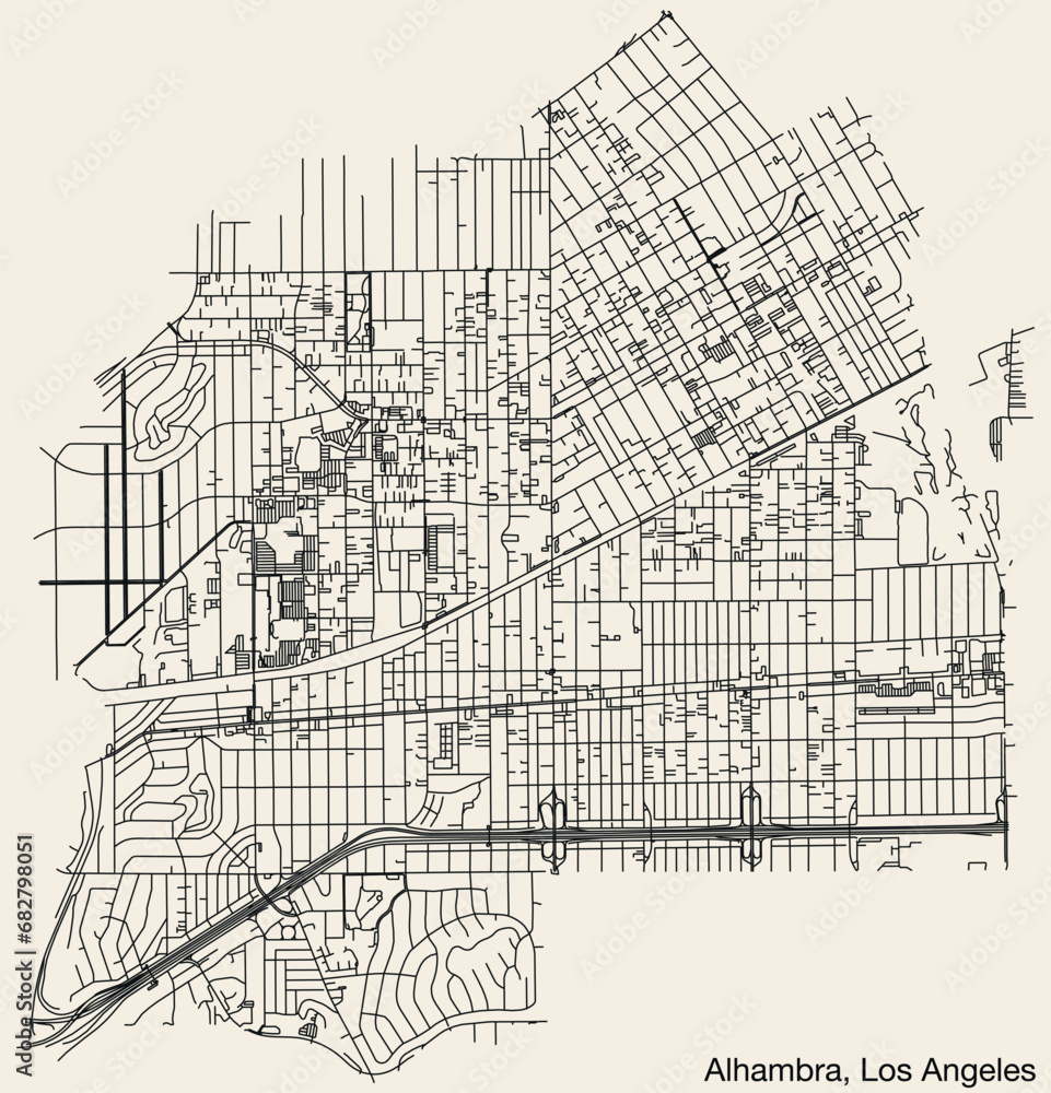Fototapeta premium Detailed hand-drawn navigational urban street roads map of the CITY OF ALHAMBRA of the American LOS ANGELES CITY COUNCIL, UNITED STATES with vivid road lines and name tag on solid background
