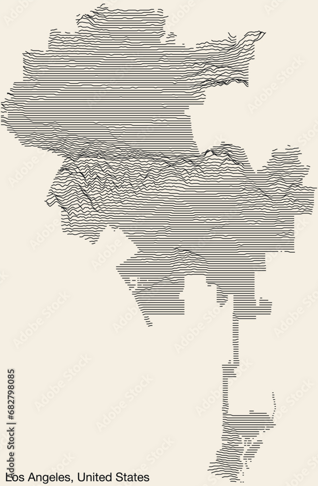 Topographic exaggerated relief map of the LOS ANGELES CITY COUNCILS with solid contour lines and name tag on vintage background