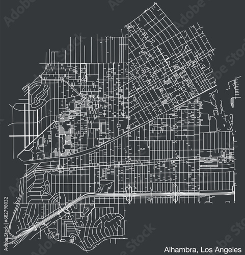 Detailed hand-drawn navigational urban street roads map of the CITY OF ALHAMBRA of the American LOS ANGELES CITY COUNCIL, UNITED STATES with vivid road lines and name tag on solid background