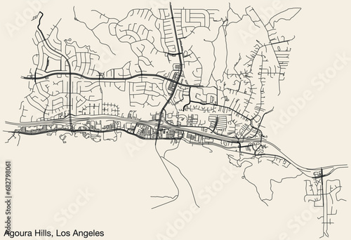 Detailed hand-drawn navigational urban street roads map of the CITY OF AGOURA HILLS of the American LOS ANGELES CITY COUNCIL, UNITED STATES with vivid road lines and name tag on solid background