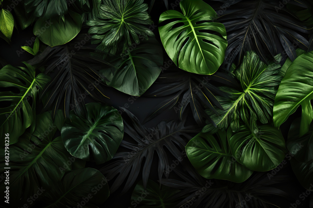Close-up of Green Leaves on a Black Background. Generative Ai