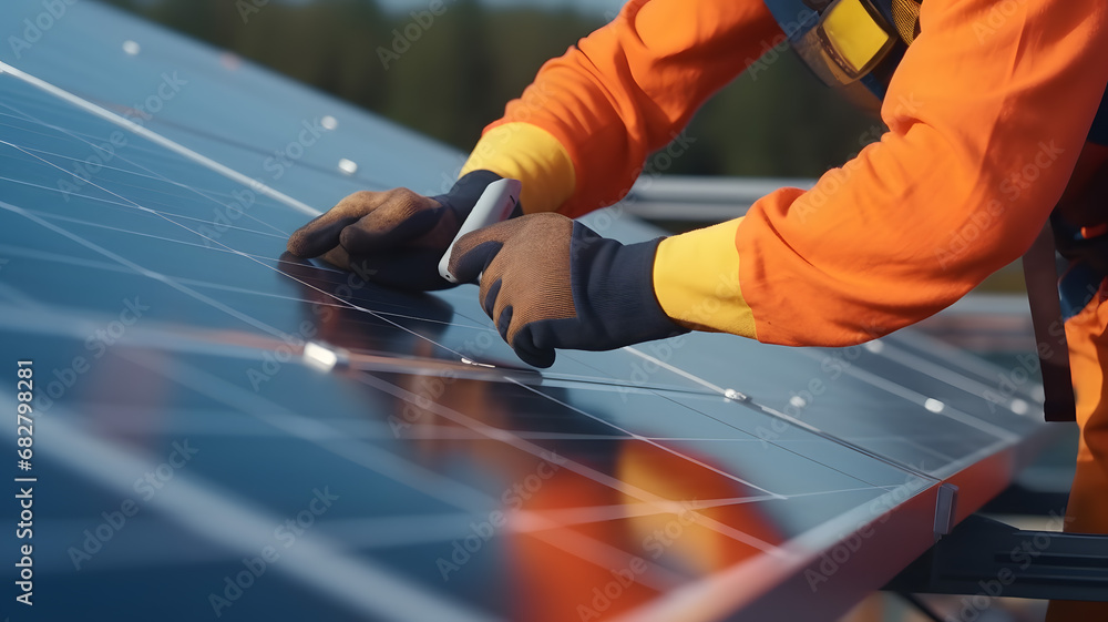 Fototapeta premium Close up of man technician in work gloves installing