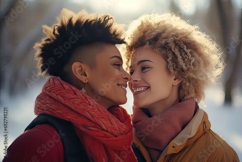 Happy smiling lesbian couple in love, girlfriends hugging and smiling in a snowy forest, winter season. Romantic scene between two loving women, female gay tenderness