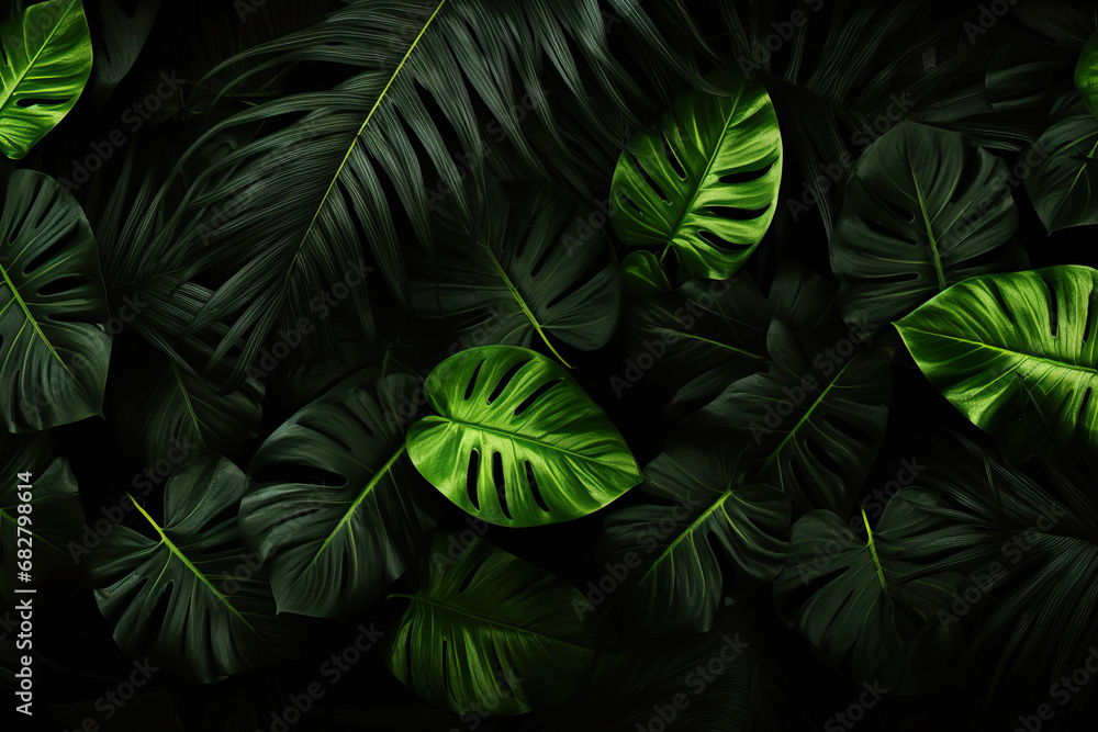 Obraz premium Close-up of Green Leaves on a Black Background. Generative Ai