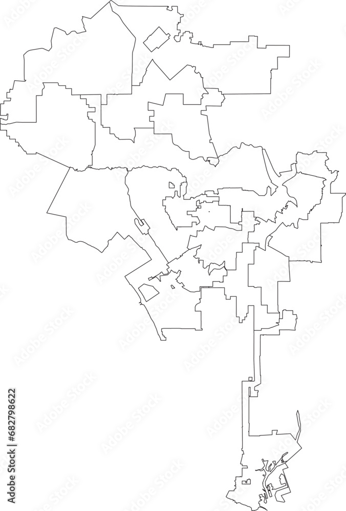 White flat vector administrative map of LOS ANGELES CITY COUNCILS, UNITED STATES with black border lines of its cities