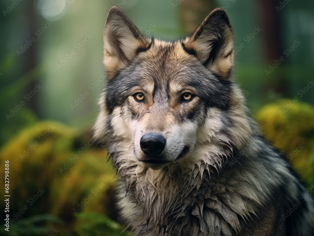 The watchful eyes of a wolf, its fur and features exuding the essence of the wild.