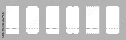 Set of tickets template of different forms. Tickets mockup for cinema. Coupon icons on white background.