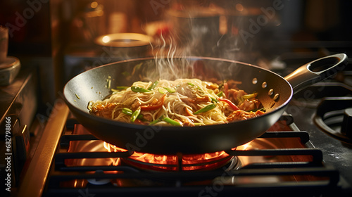 Wok noodles with vegetables are cooked in a frying pan