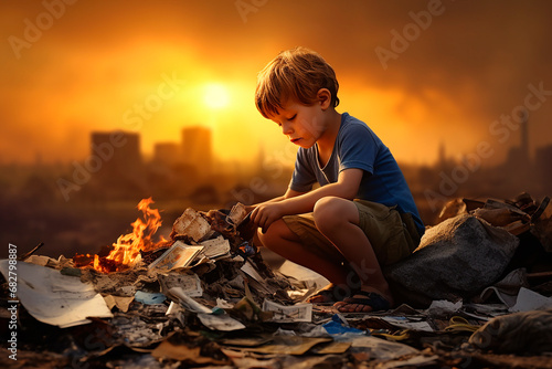 young boy recycling in the middle of a field full of garbage with the city in the background, IA generativa