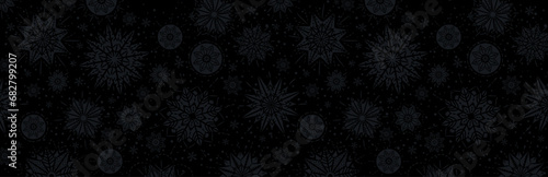 Black christmas banner with snowflakes. Merry Christmas and Happy New Year greeting banner. Horizontal new year background, headers, posters, cards, website.Vector illustration