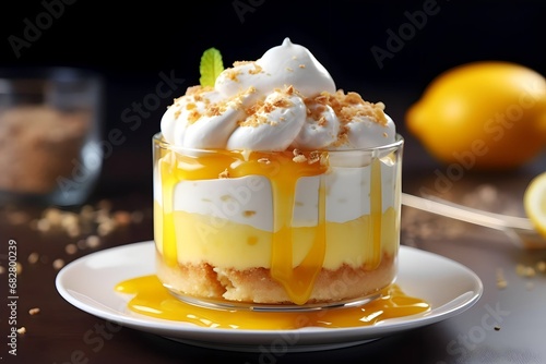 Lemon parfait with pound cake, lemon curd, whipped cream and meringue photo