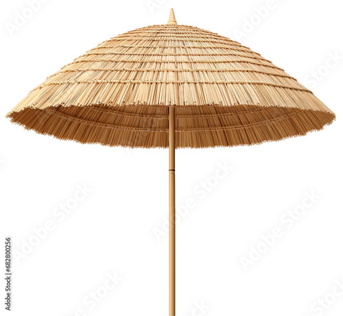 Straw beach umbrella isolated on white background photo