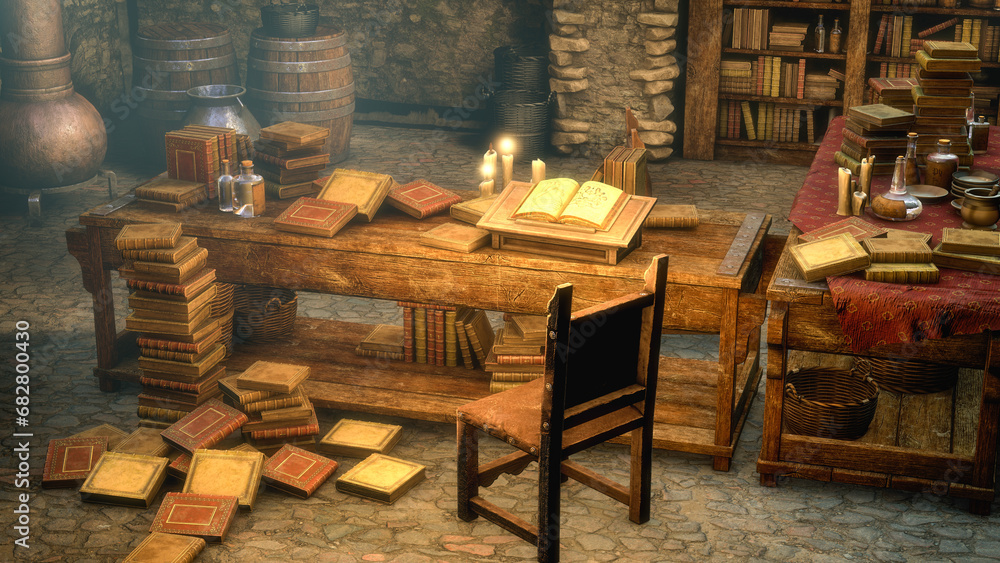 A medieval room full of antique books, 3D illustration