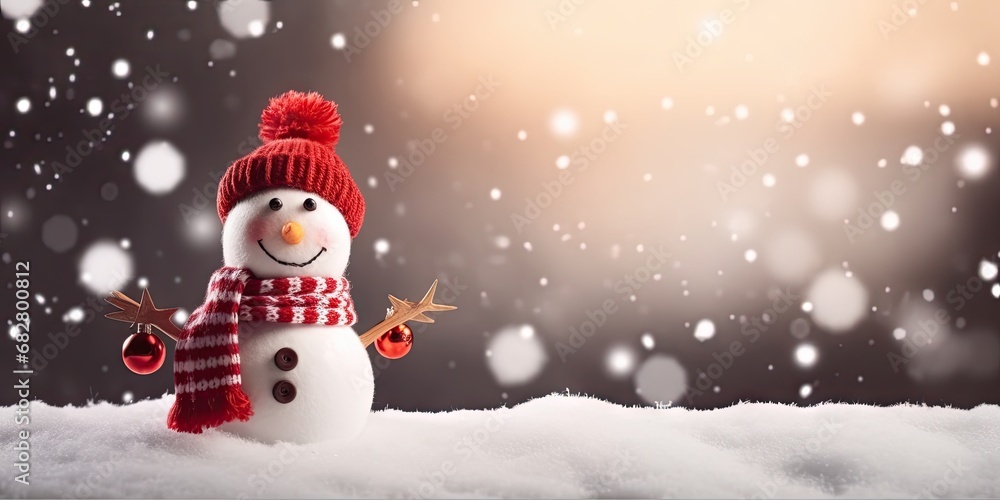 Festive winter charm. Adorable snowman in white snowy landscape perfect for christmas greeting cards. Winter wonderland. Cute in frosty outdoor scene ideal for celebratory holiday imagery