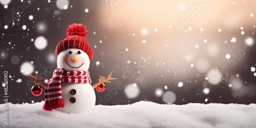 Festive winter charm. Adorable snowman in white snowy landscape perfect for christmas greeting cards. Winter wonderland. Cute in frosty outdoor scene ideal for celebratory holiday imagery © Wuttichai