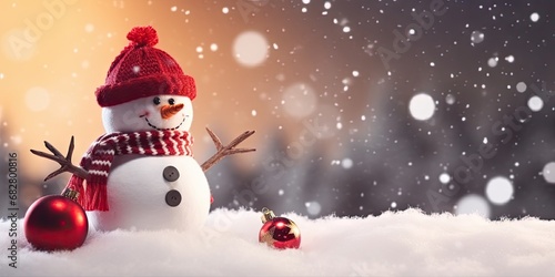 Festive winter charm. Adorable snowman in white snowy landscape perfect for christmas greeting cards. Winter wonderland. Cute in frosty outdoor scene ideal for celebratory holiday imagery © Wuttichai