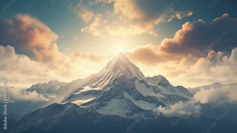 snow mountain landscape, bright sun and snowy peak panorama, winter adventure scene