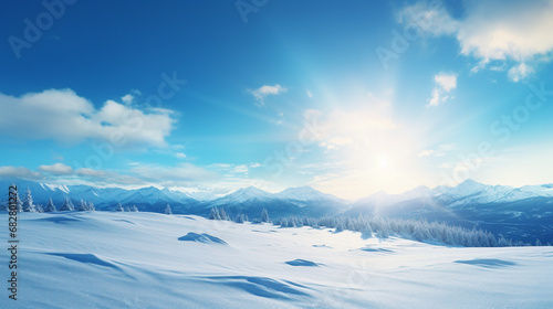 snow mountain landscape, bright sun and snowy peak panorama, winter adventure scene