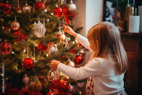 Children decorating the Christmas tree carefully, AI generated