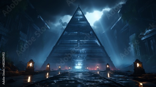Amidst the foggy night, a pyramid looms in the dark forest, its ancient structure captured in a mysterious image photo