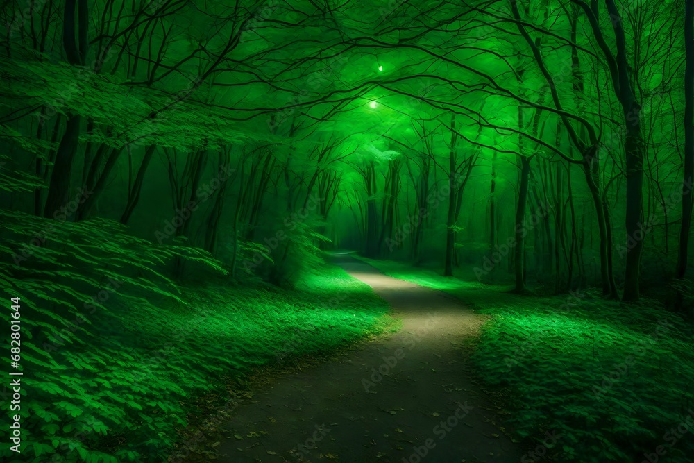 A park path with trees bathed in green light at night