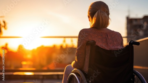 Young beautiful woman on a wheelchair, view from behind, backlight, AI generated