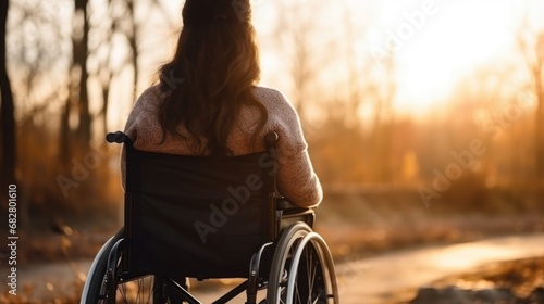 Young beautiful woman on a wheelchair, view from behind, backlight, AI generated