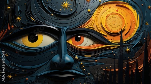 Obraz na płótnie An animated mask, painted with vibrant strokes of art, gazes into the sun with curious eyes, evoking a whimsical and mysterious atmosphere w salonie