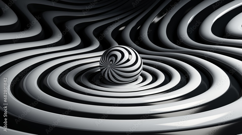 A hypnotizing vortex of symmetry and abstract patterns spiral out from a black and white striped ball, creating a fluid and wild work of art on the striped surface A hypnotizing vortex of symmetry and abstract patterns spiral out from a black and white striped ball, creating a fluid and wild work of art on the striped surface