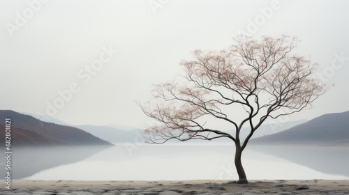 Obraz na płótnie A solitary tree stands on the shore of a foggy lake, its branches reaching towards the winter sky, surrounded by the majestic mountains of nature's embrace w salonie