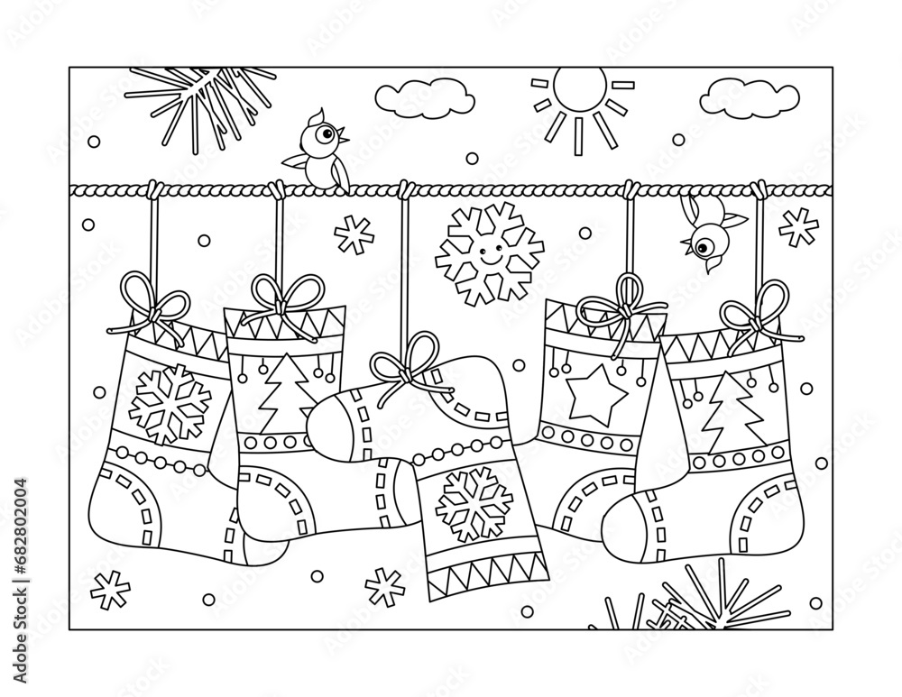 Coloring page with winter holidays socks or stockings hanging on string or rope
