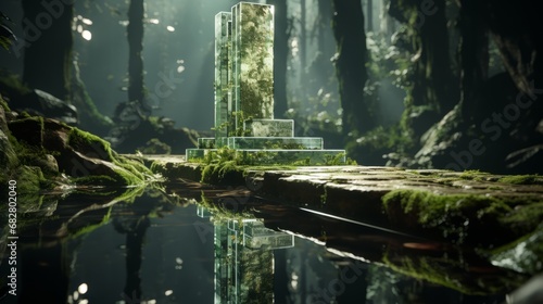 A shimmering tower rises from the depths of the forest  its glass walls mirroring the untamed beauty of nature