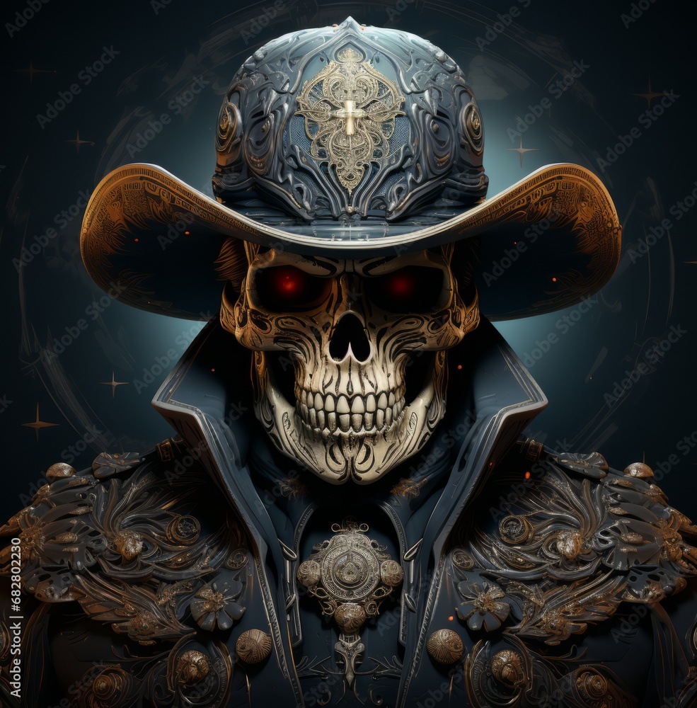 A rugged skull donning a rugged cowboy hat, embodying the untamed spirit of the wild west with a hint of mysterious allure