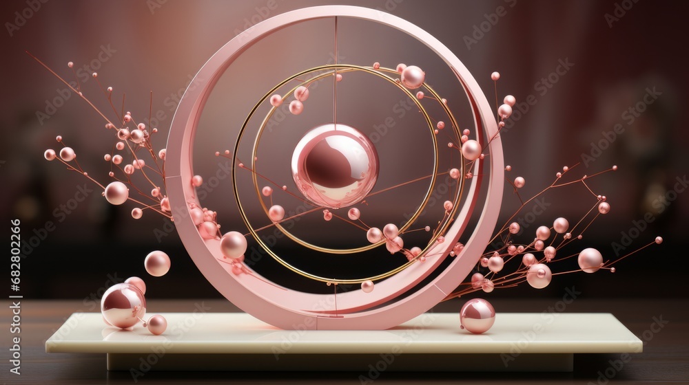 Fototapeta premium An ethereal pink and gold sculpture, with circular lines and curves, gleaming under the indoor light, evoking a sense of mesmerizing beauty and artistic mastery