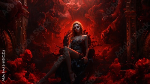 A woman adorned in intricate clothing gazes contemplatively at a mesmerizing reef painting, her presence adding a sense of life and artistry to the vibrant red room