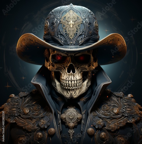 Obraz na płótnie A rugged skull donning a rugged cowboy hat, embodying the untamed spirit of the wild west with a hint of mysterious allure w salonie