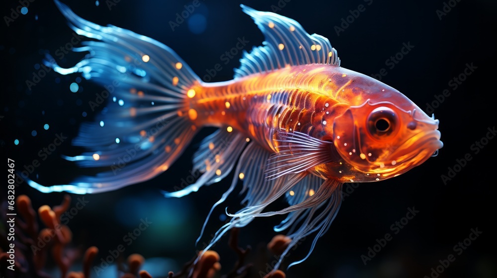 In the tranquil depths of the aquarium, a magnificent goldfish with glowing fins dances gracefully amidst the shimmering underwater world, an ethereal organism of fluid beauty In the tranquil depths of the aquarium, a magnificent goldfish with glowing fins dances gracefully amidst the shimmering underwater world, an ethereal organism of fluid beauty