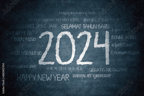 Image of happy new year greeting for 2024 year in different languages in chalkboard background photo