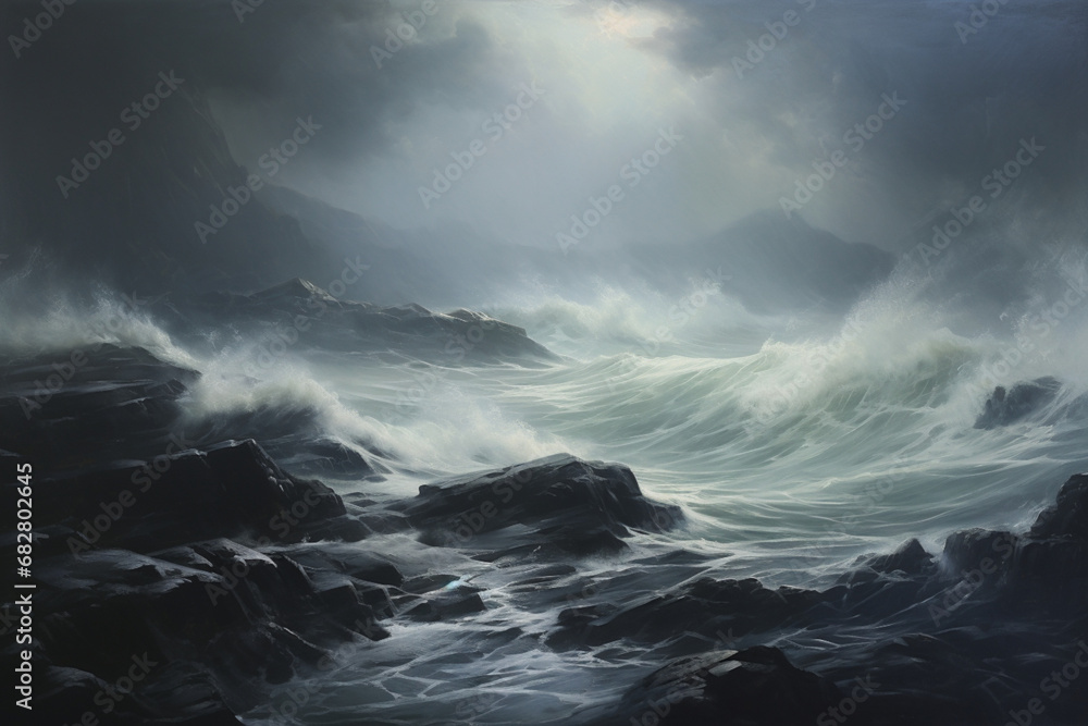 a stormy seascape, oil painting a stormy seascape, oil painting