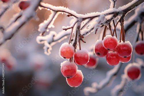 A picturesque winter tableau featuring snow-capped berries bathed in the gentle light of Christmas decorations