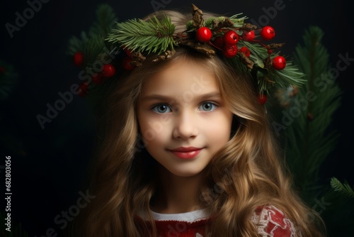 Celebrating the Season with a Heartwarming Portrait of a Girl Donning a Christmas Wreath Crown